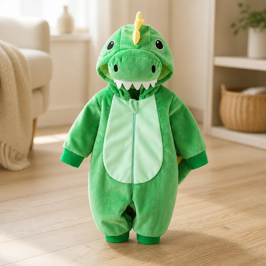 Baby Dinosaur Onesie Cotton Attached Hood Front Zipper