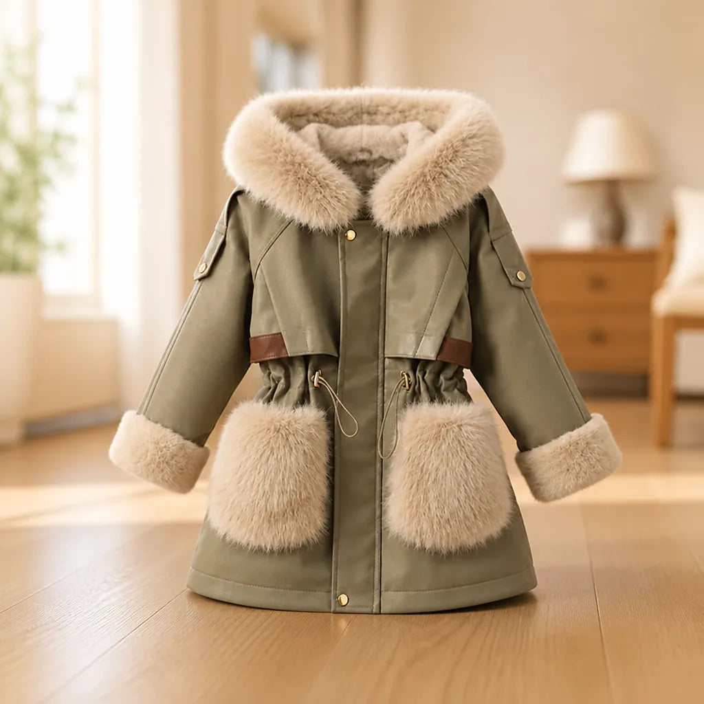 Girls' Winter Coat Cotton-Filled Plush Collar & Cuffs