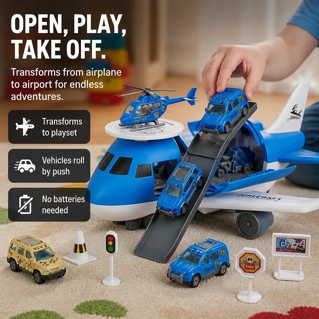 Airplane Playset Transformable Battery-Free Cars & Helicopter