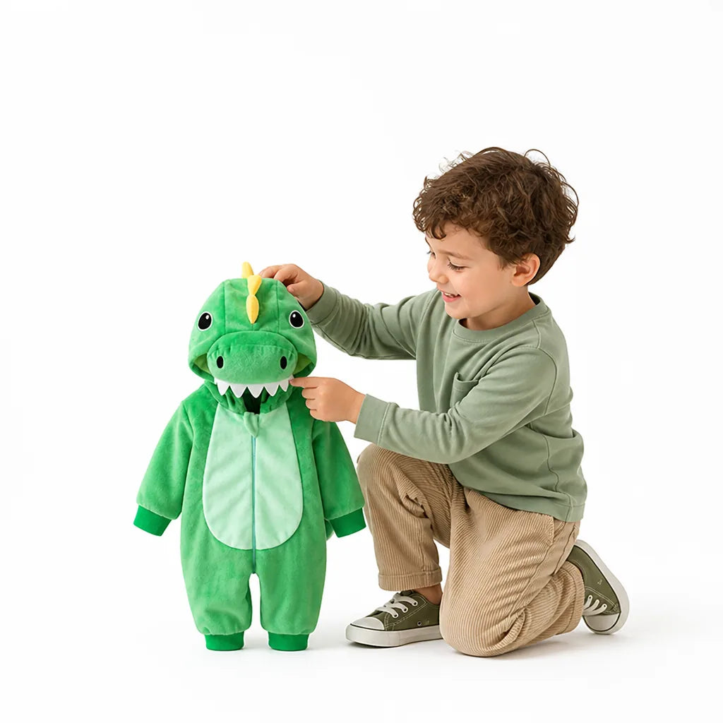 Baby Dinosaur Onesie Cotton Attached Hood Front Zipper