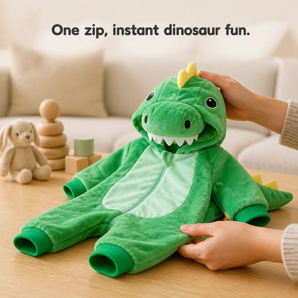 Baby Dinosaur Onesie Cotton Attached Hood Front Zipper