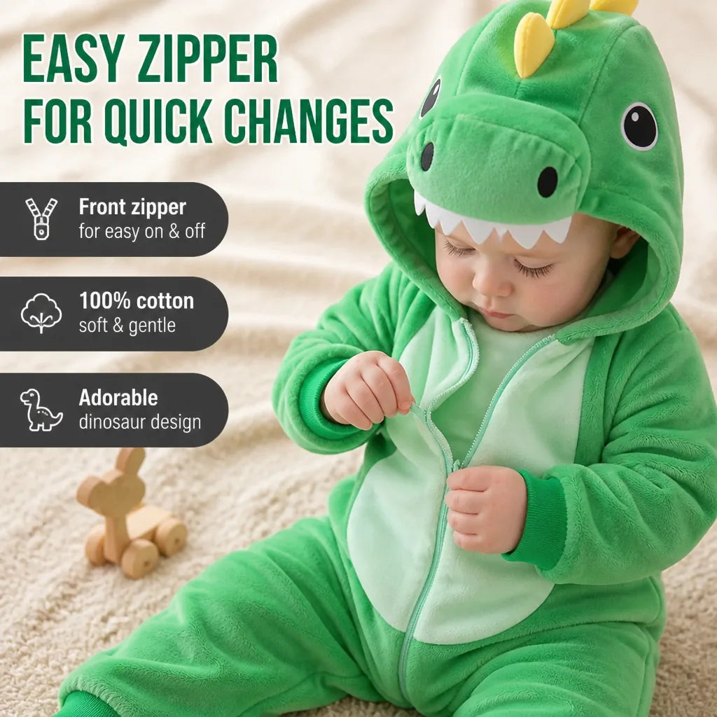 Baby Dinosaur Onesie Cotton Attached Hood Front Zipper