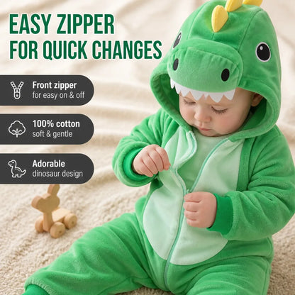 Baby Dinosaur Onesie Cotton Attached Hood Front Zipper
