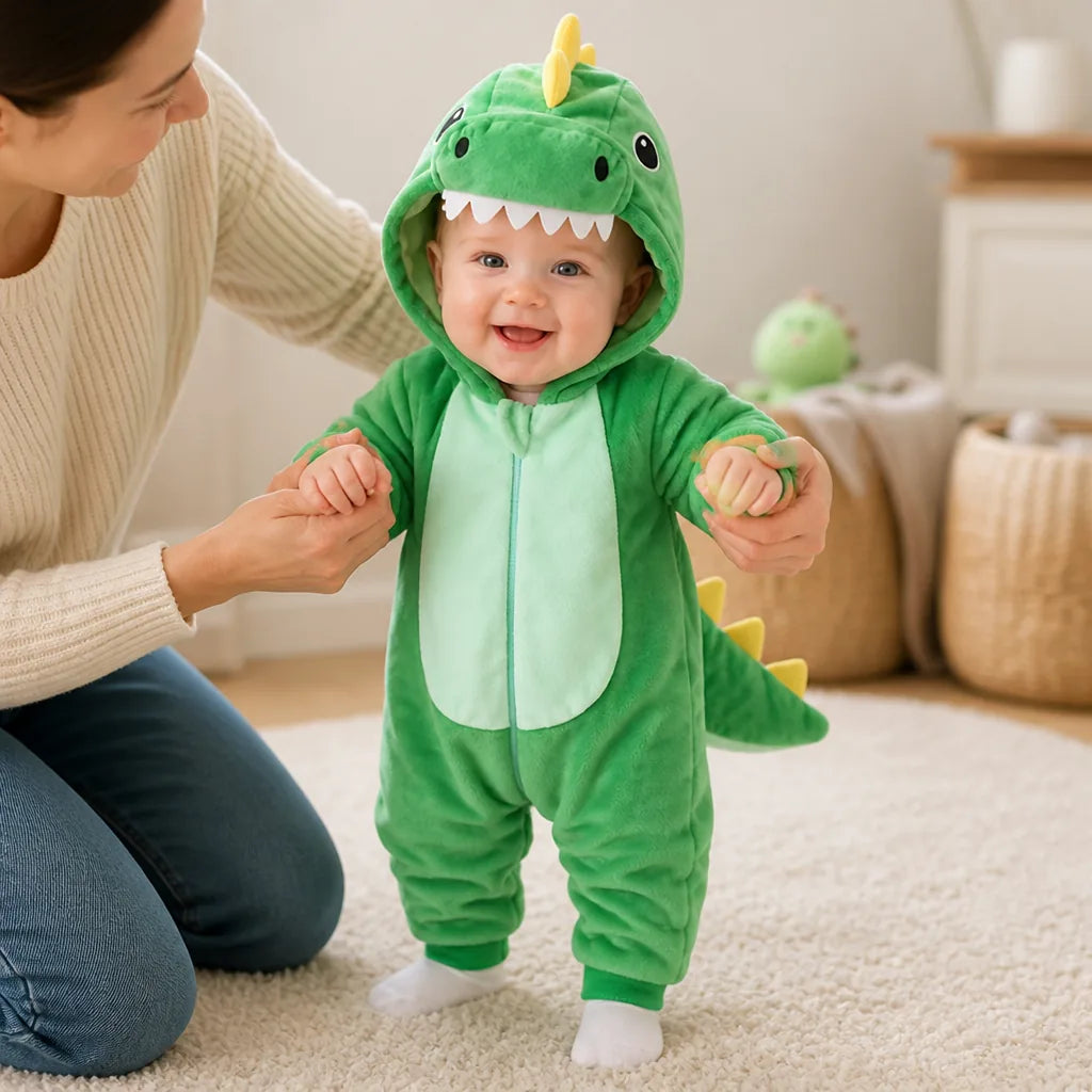 Baby Dinosaur Onesie Cotton Attached Hood Front Zipper