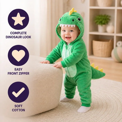 Baby Dinosaur Onesie Cotton Attached Hood Front Zipper