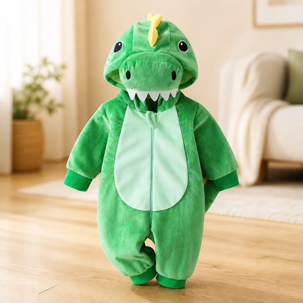Baby Dinosaur Onesie Cotton Attached Hood Front Zipper