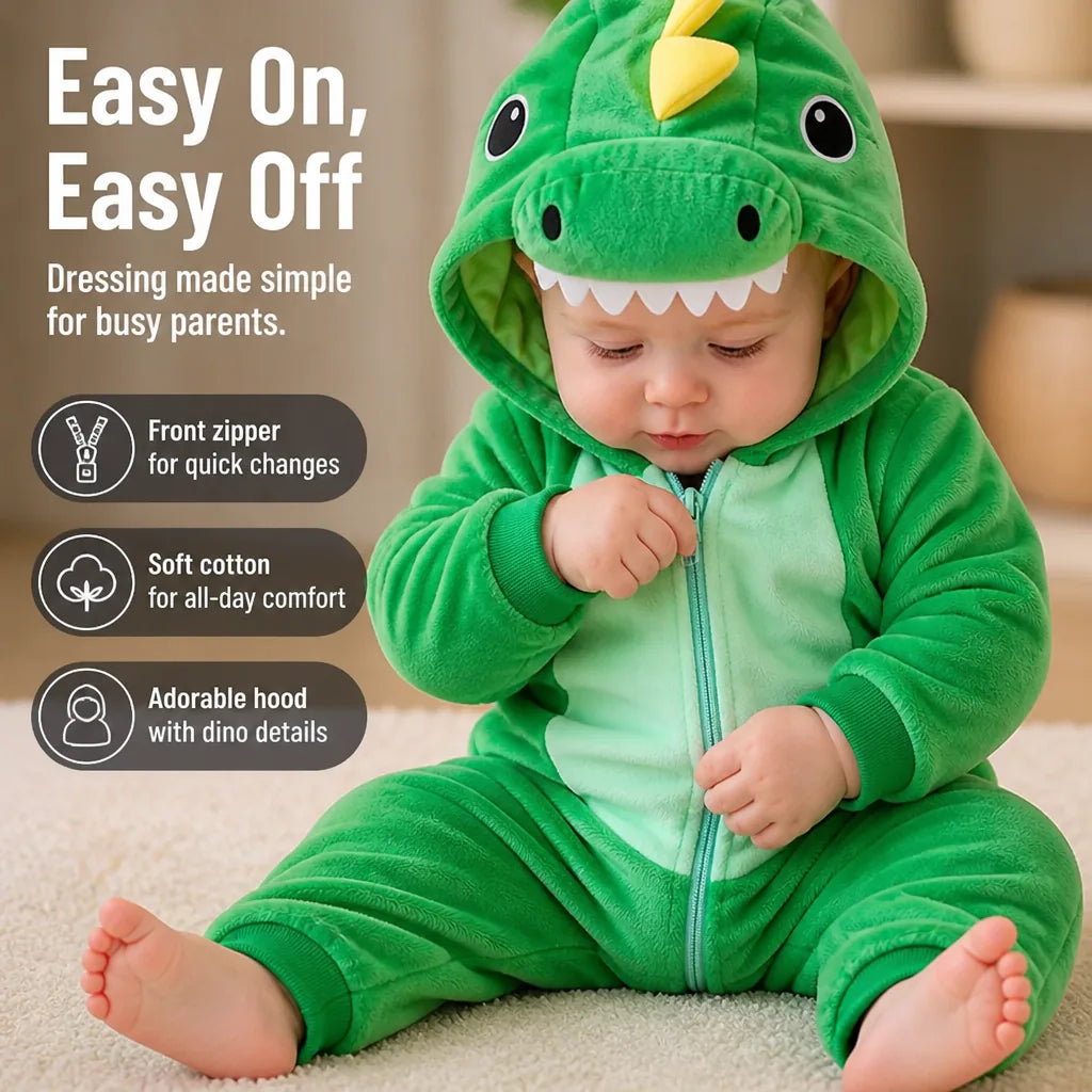Baby Dinosaur Onesie Cotton Front Zipper Attached Hood