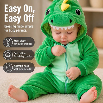 Baby Dinosaur Onesie Cotton Front Zipper Attached Hood