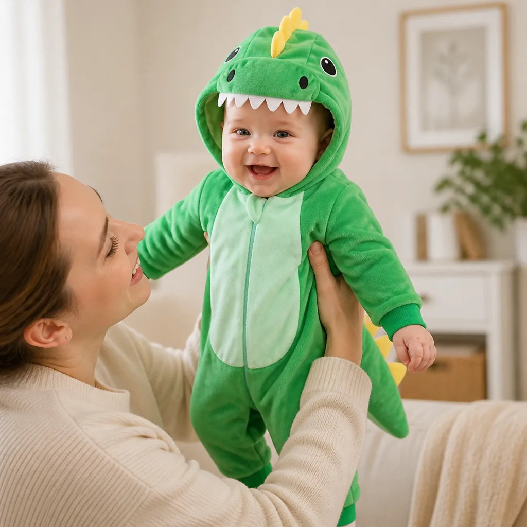 Baby Dinosaur Onesie Cotton Front Zipper Attached Hood