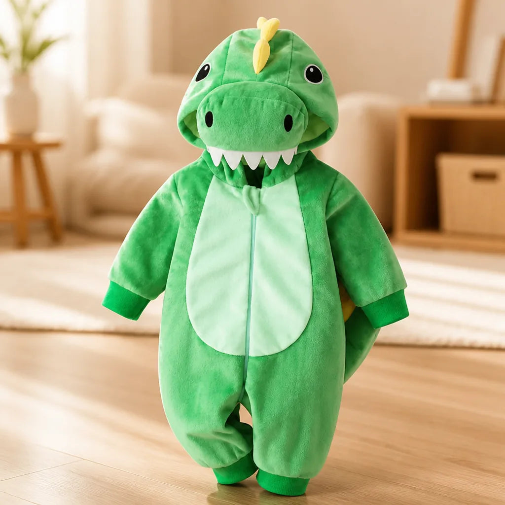 Baby Dinosaur Onesie Cotton Front Zipper Attached Hood
