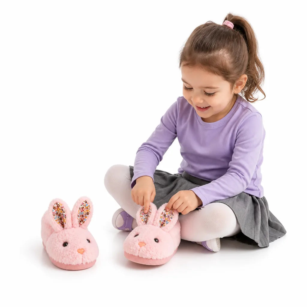 Children's Slippers Plush Bunny Design Cotton Upper Non-Slip Sole
