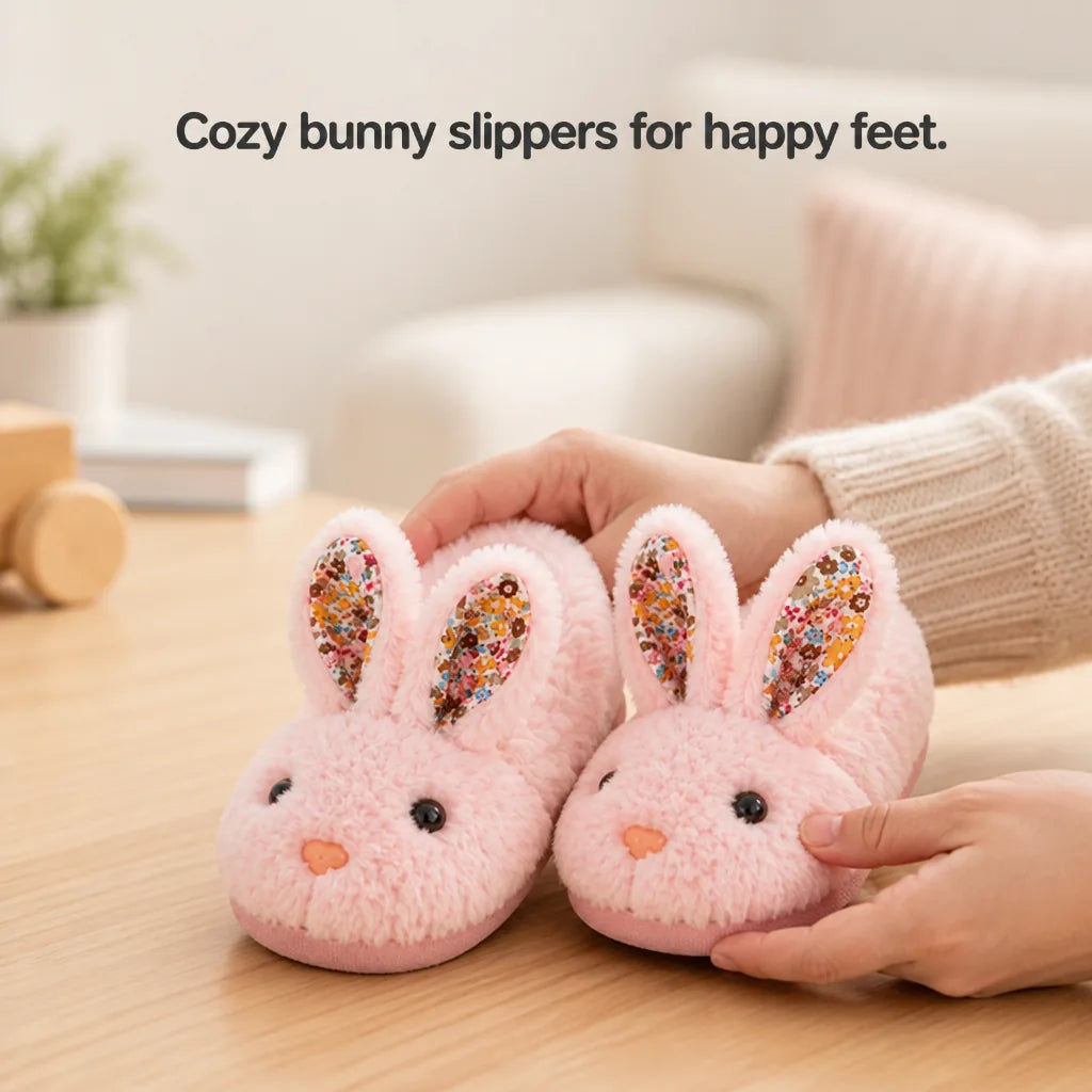 Children's Slippers Plush Bunny Design Cotton Upper Non-Slip Sole