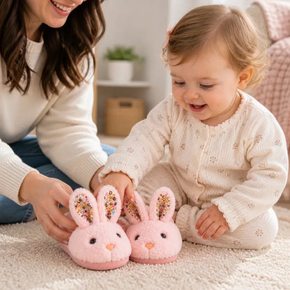 Children's Slippers Plush Bunny Design Cotton Upper Non-Slip Sole