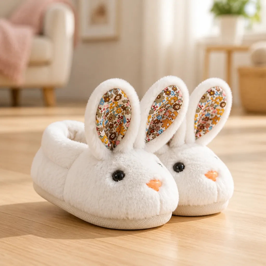 Children's Slippers Plush Bunny Design Cotton Upper Non-Slip Sole