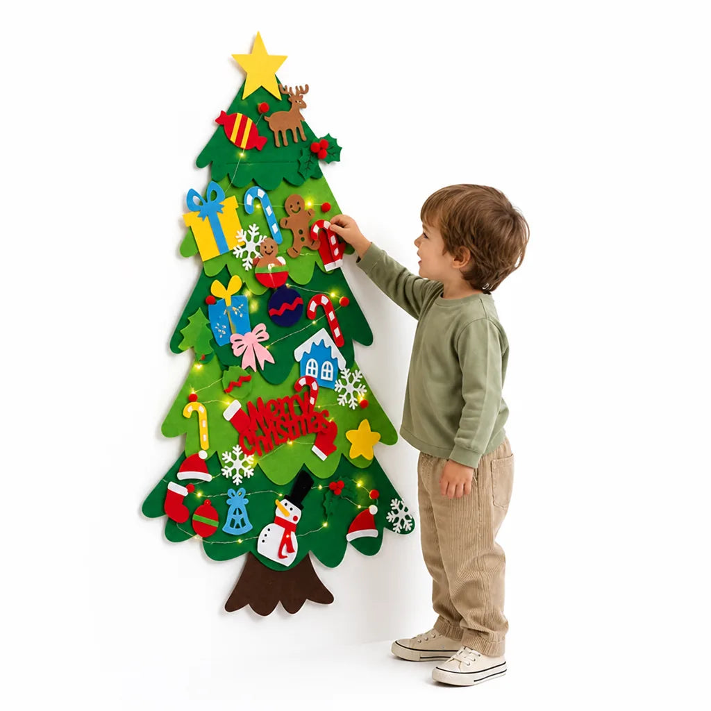 Christmas Tree Felt Wall Hanging Removable Ornaments Built-In Lights