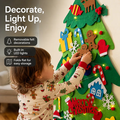 Christmas Tree Felt Wall Hanging Removable Ornaments Built-In Lights