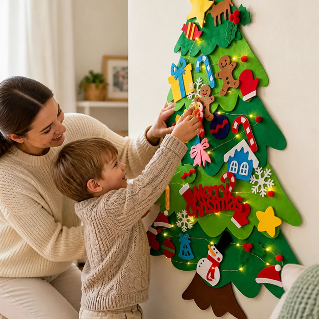 Christmas Tree Felt Wall Hanging Removable Ornaments Built-In Lights
