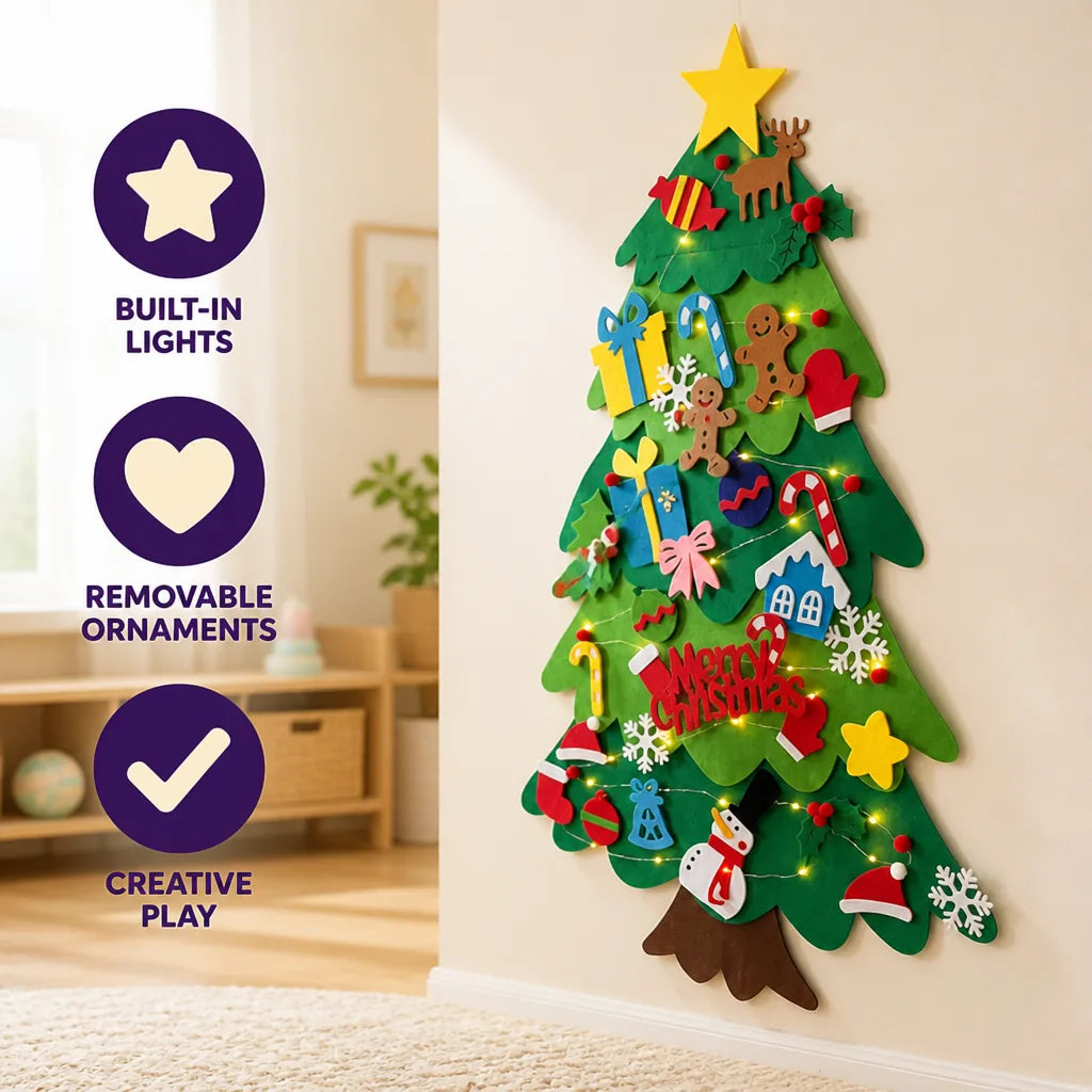 Christmas Tree Felt Wall Hanging Removable Ornaments Built-In Lights
