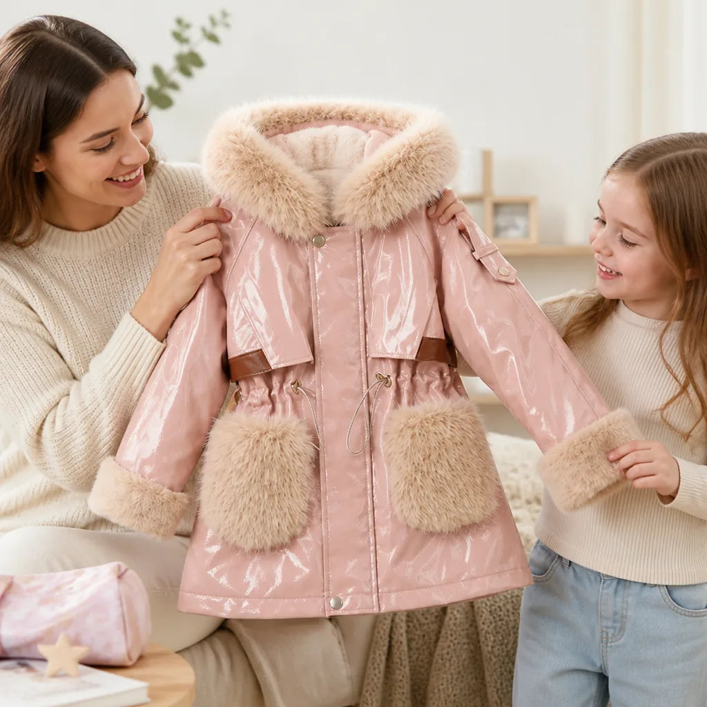 Girls' Winter Coat Cotton-Filled Plush Collar & Cuffs