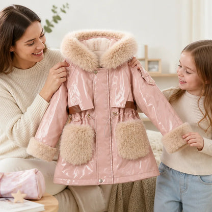 Girls' Winter Coat Cotton-Filled Plush Collar & Cuffs